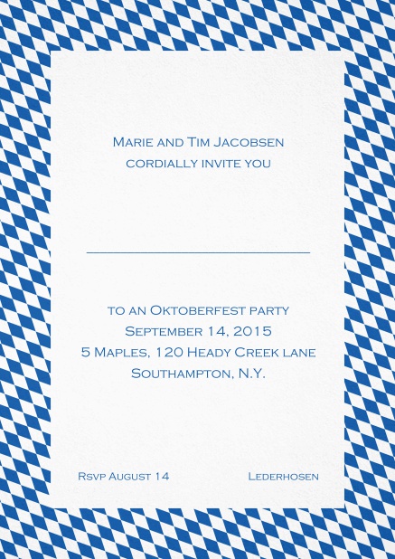 Classic invitation card with classic bavarian frame and editable text. Blue.