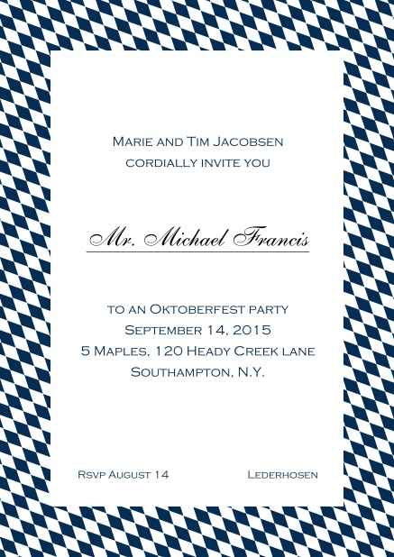 Classic online invitation card with classic bavarian frame and editable text. Navy.