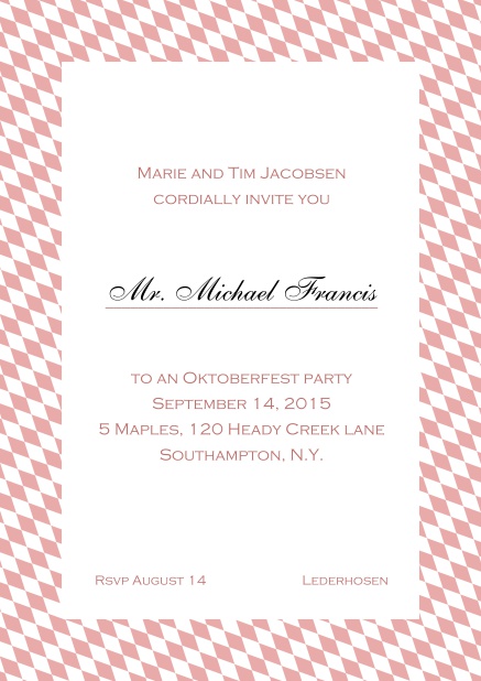 Classic online invitation card with classic bavarian frame and editable text. Pink.