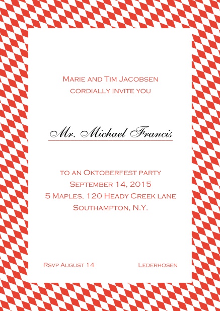Classic online invitation card with classic bavarian frame and editable text. Red.