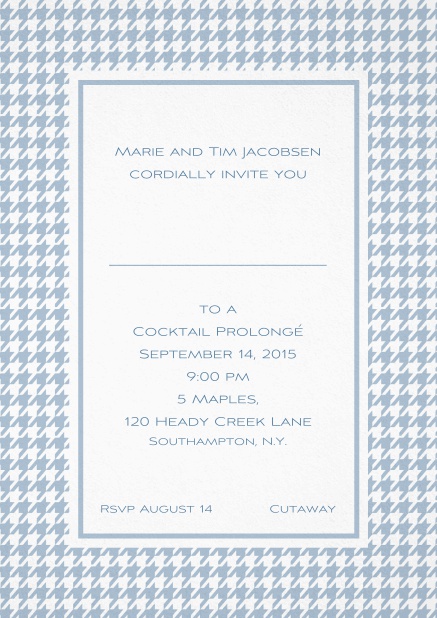Classic Oktoberfest invitation card with frame in different colors and line for guest's name. Blue.