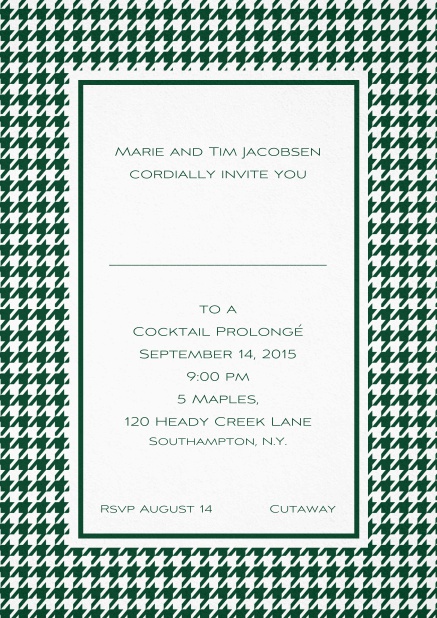 Classic Oktoberfest invitation card with frame in different colors and line for guest's name. Green.