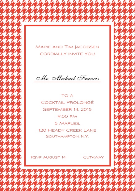 Classic Oktoberfest online invitation card with frame in different colors and line for guest's name. Red.