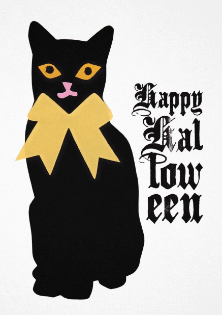 Halloween invitation card with black cat and Happy Halloween text.