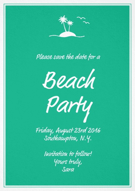 Save the date invitation card for beach parties with a little island and seagulls