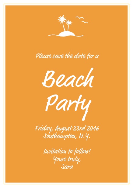 Online save the date card with small island illusatration with palm trees. Orange.