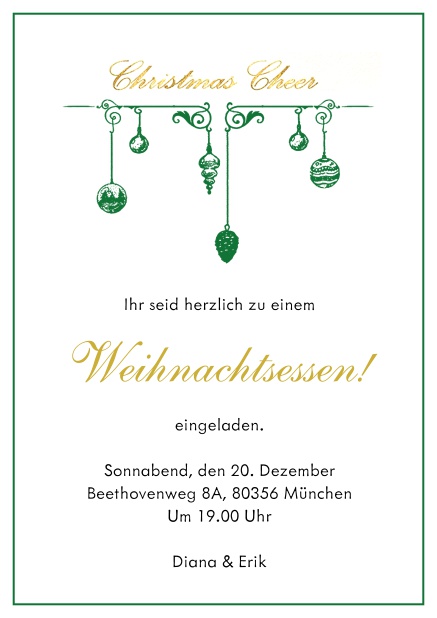 Online Einladungskarte zur Weihnachtsparty mit Weihnachtsschmuck und passendem Rahmen. Grün.