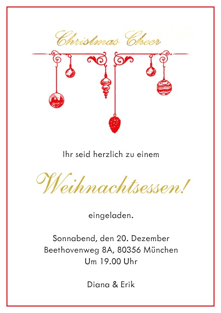 Online Einladungskarte zur Weihnachtsparty mit Weihnachtsschmuck und passendem Rahmen. Rot.
