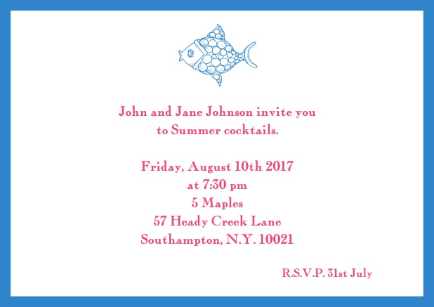Online Summer invitation card with fish and matching colorful frame. Blue.