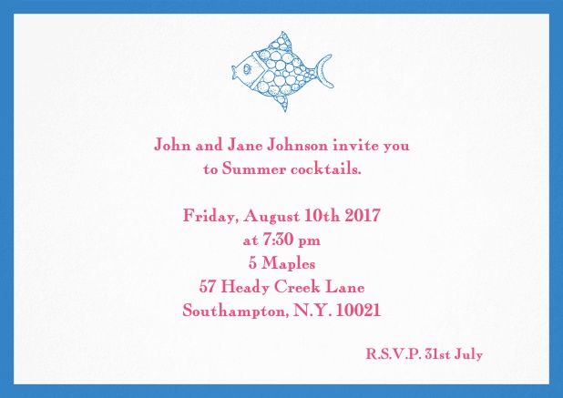 Summer invitation card with fish and matching colorful frame. Blue.