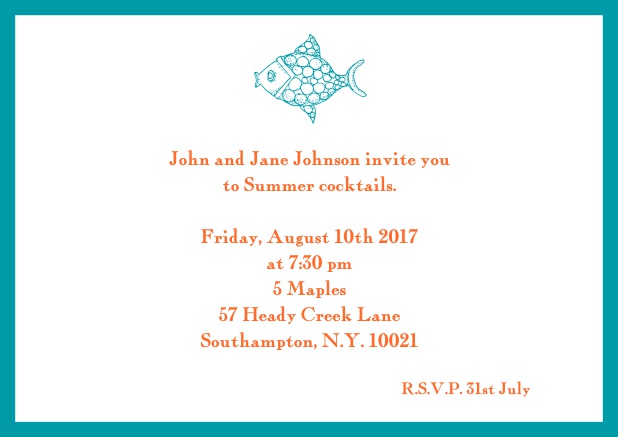 Online Summer invitation card with fish and matching colorful frame. Green.