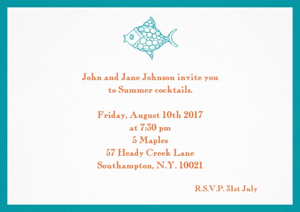 Summer invitation card with fish and matching colorful frame. Green.