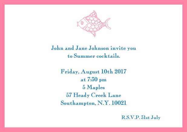 Online Summer invitation card with fish and matching colorful frame. Pink.
