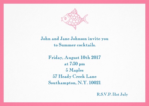 Summer invitation card with fish and matching colorful frame. Pink.
