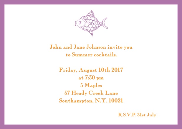 Online Summer invitation card with fish and matching colorful frame. Purple.