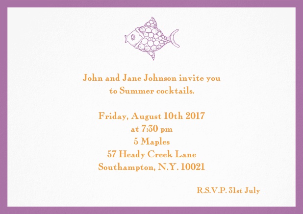 Summer invitation card with fish and matching colorful frame. Purple.