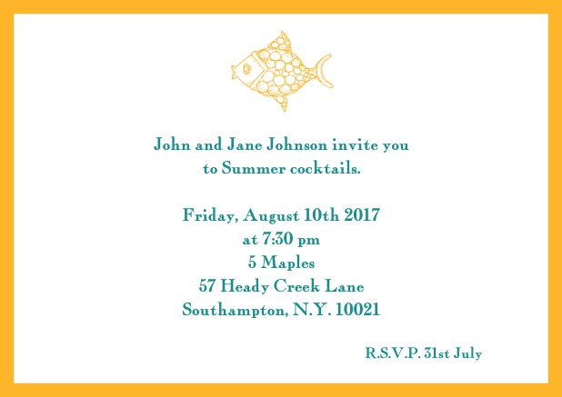 Online Summer invitation card with fish and matching colorful frame. Yellow.