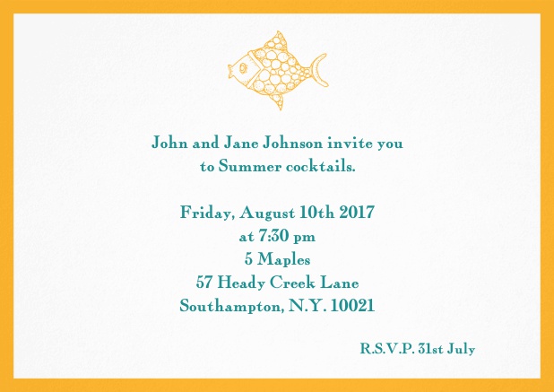 Summer invitation card with fish and matching colorful frame. Yellow.