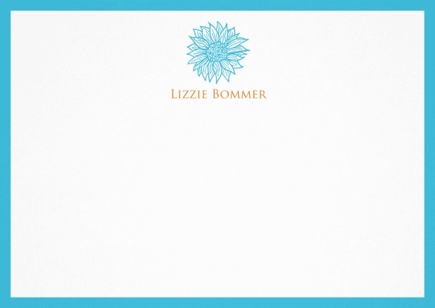 Personalizable note card with flower and frame in various colors. Blue.