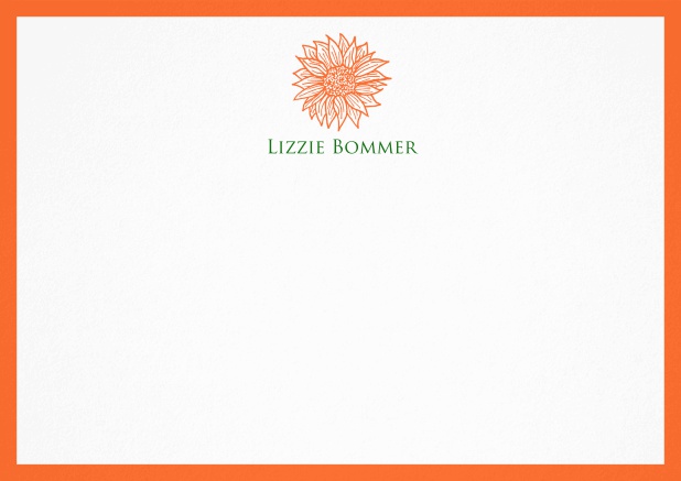 Personalizable note card with flower and frame in various colors. Orange.