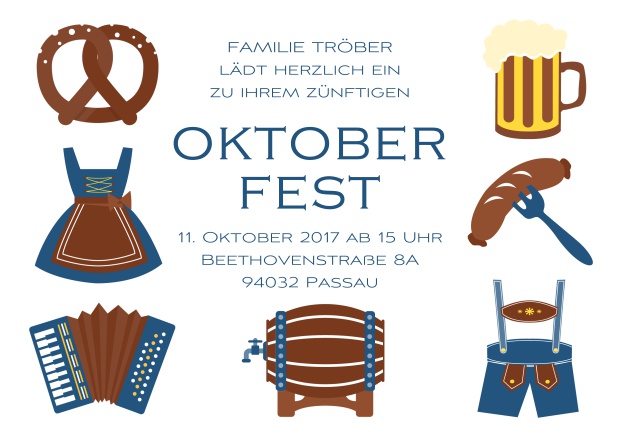 Online Oktoberfest Einladungskarte mit 7 klassischen Abbildungen, von der Dirndl zum Bierfass. Blau.