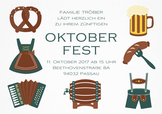 Oktoberfest Einladungskarte mit 7 klassischen Abbildungen, von der Dirndl zum Bierfass. Grün.