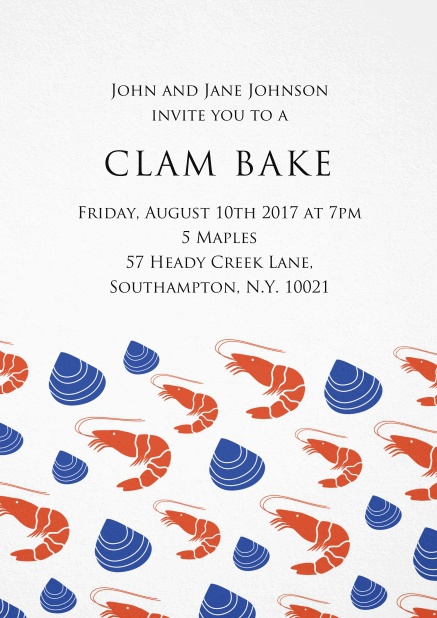 Perfect clam bake invitation card with lobsters and clams