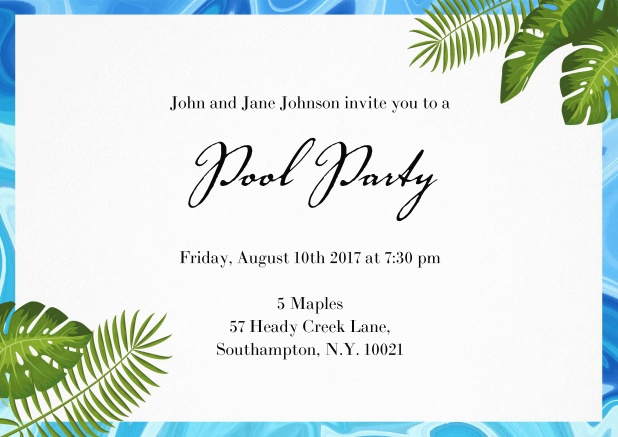 Pretty invitation card with pool water frame and tropical plants