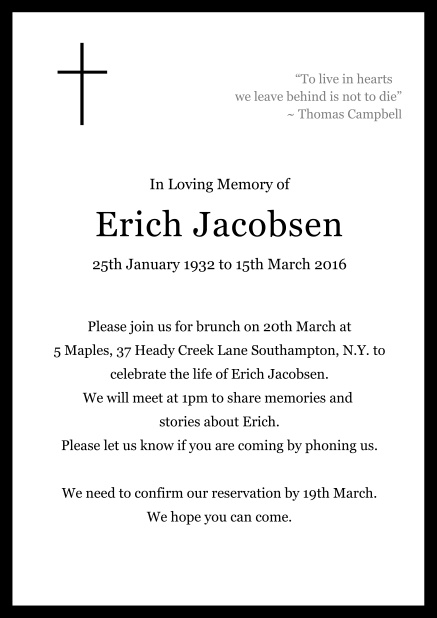 Online Classic Memorial invitation card with black frame and Cross top left. Black.