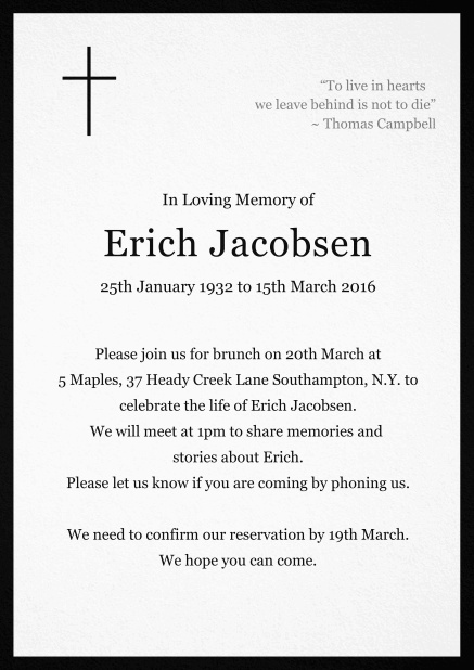 Classic Memorial invitation card with black frame and Cross top left. Black.