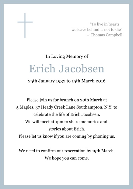Online Classic Memorial invitation card with black frame and Cross top left. Blue.