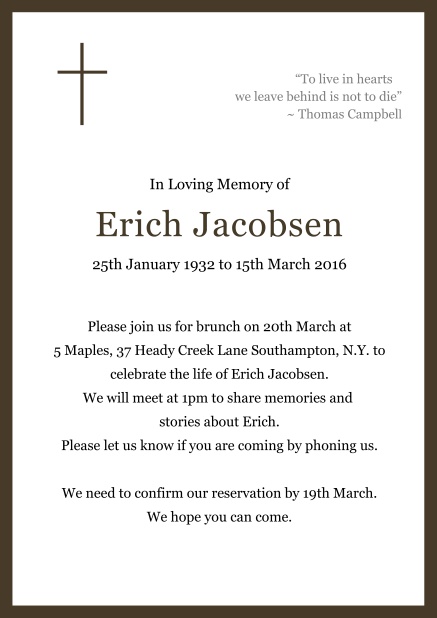 Online Classic Memorial invitation card with black frame and Cross top left. Brown.