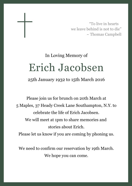 Online Classic Memorial invitation card with black frame and Cross top left. Green.