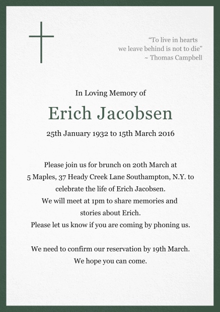 Classic Memorial invitation card with black frame and Cross top left. Green.