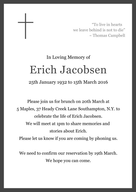 Online Classic Memorial invitation card with black frame and Cross top left. Grey.