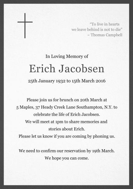 Classic Memorial invitation card with black frame and Cross top left. Grey.
