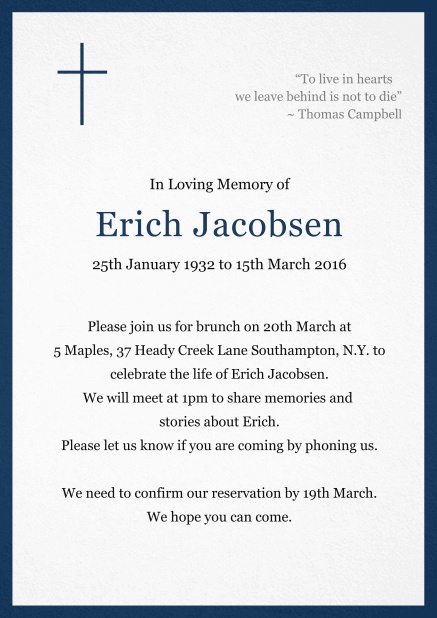 Classic Memorial invitation card with black frame and Cross top left. Navy.