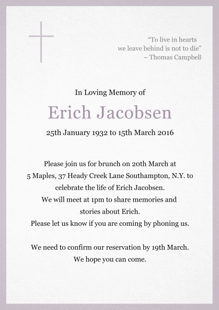 Classic Memorial invitation card with black frame and Cross top left. Purple.