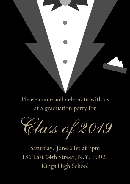 Class of 2019 graduation online invitation card with Black Tie card design. Black.