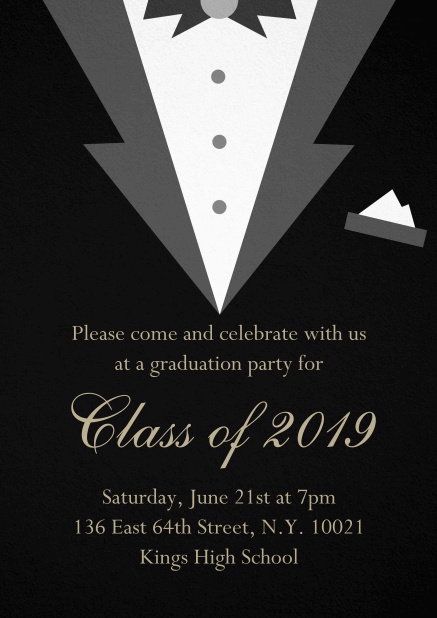 Class of 2019 graduation invitation card with Black Tie card design. Black.