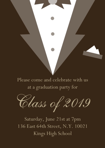 Class of 2019 graduation online invitation card with Black Tie card design. Brown.
