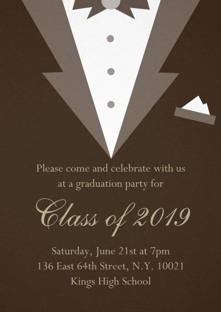 Class of 2019 graduation invitation card with Black Tie card design. Brown.