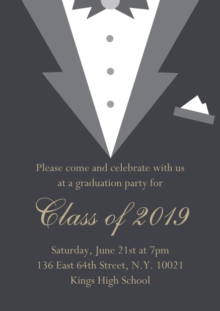 Class of 2019 graduation online invitation card with Black Tie card design. Grey.