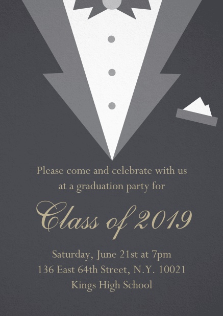 Class of 2019 graduation invitation card with Black Tie card design. Grey.