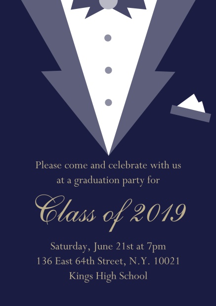 Class of 2019 graduation online invitation card with Black Tie card design. Navy.