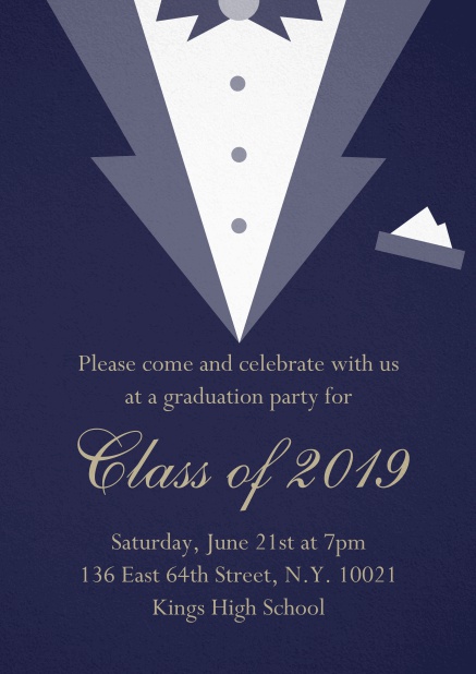 Class of 2019 graduation invitation card with Black Tie card design. Navy.