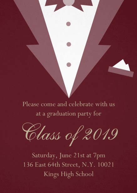 Class of 2019 graduation invitation card with Black Tie card design. Red.