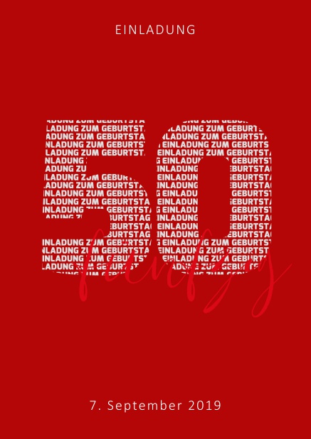 Online Einladungskarte zum 50. Geburtstag mit gestalteter Zahl 50 aus Einladung zum Geburtstag Texten. Rot.