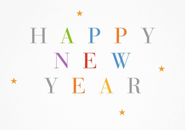 Neujahrskarte mit buntem Happy New Year Text