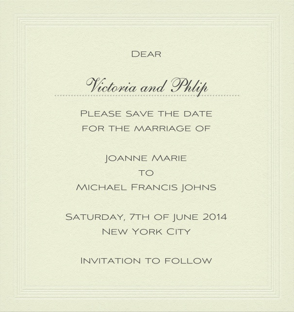 Classic wedding save the date card in high format with personal addressing or recipient.
